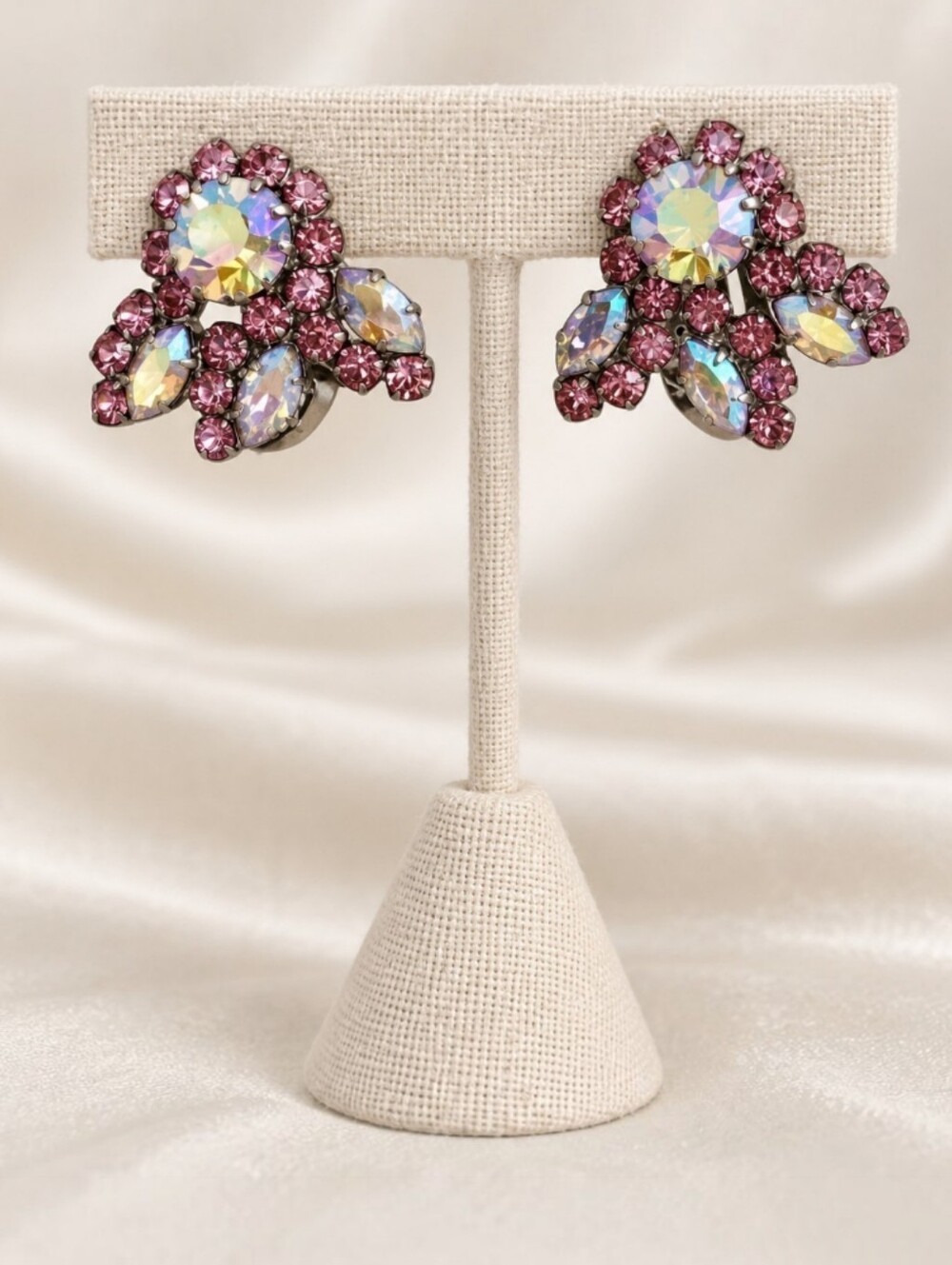 Vintage 1950s Pink Purple Aurora Borealis Rhinestone Cluster Clip On Earrings